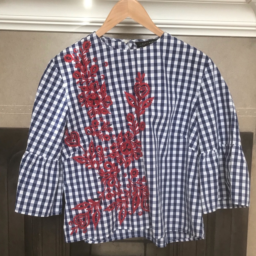 Zara blue gingham blouse with embroidery